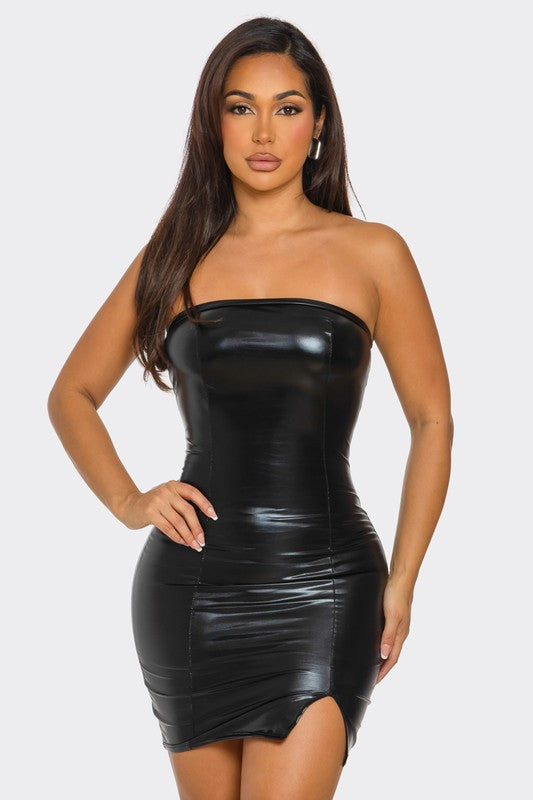 Black leather tube top dress