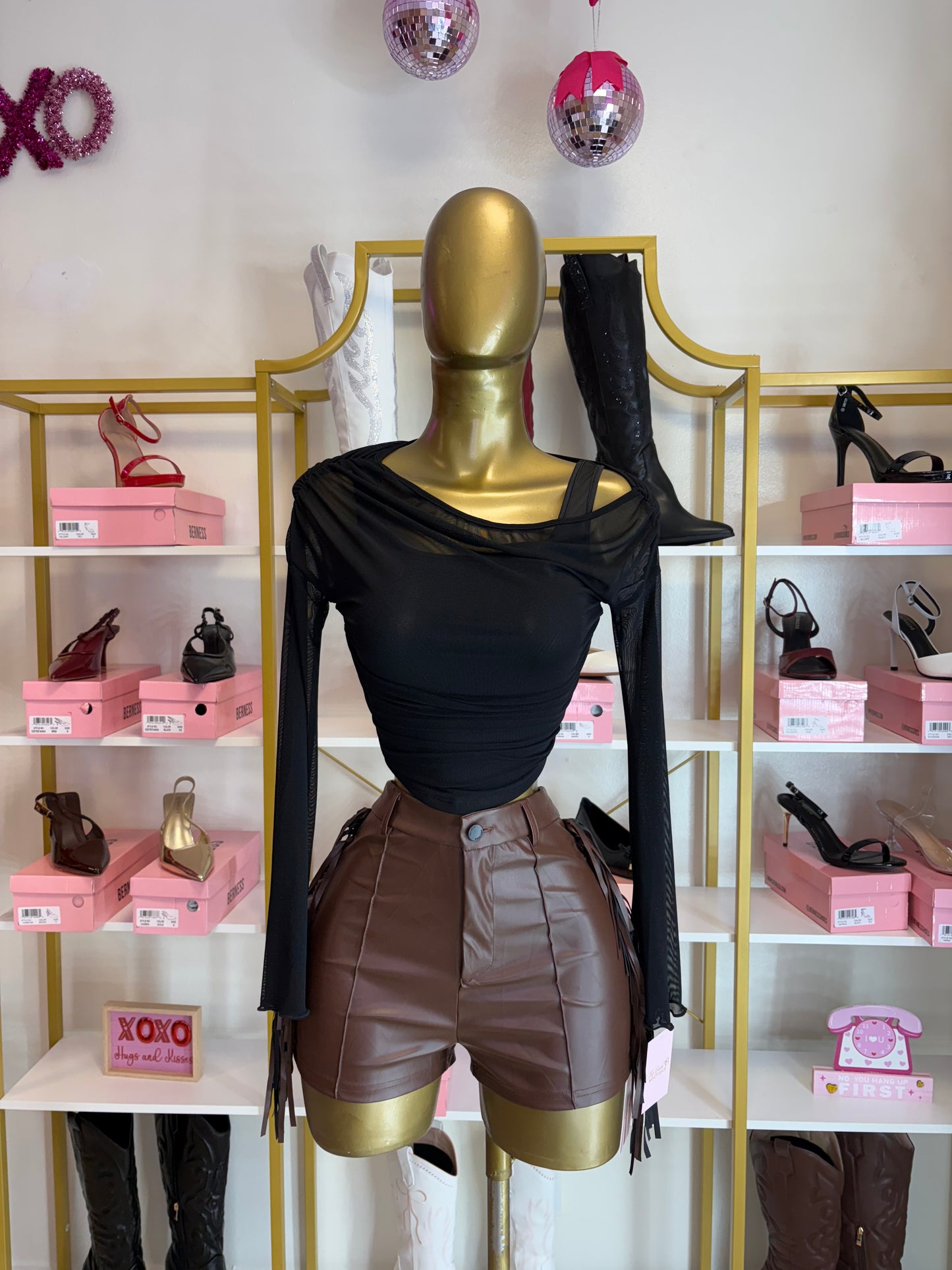 Mesh Drape Off-Shoulder Top- Black