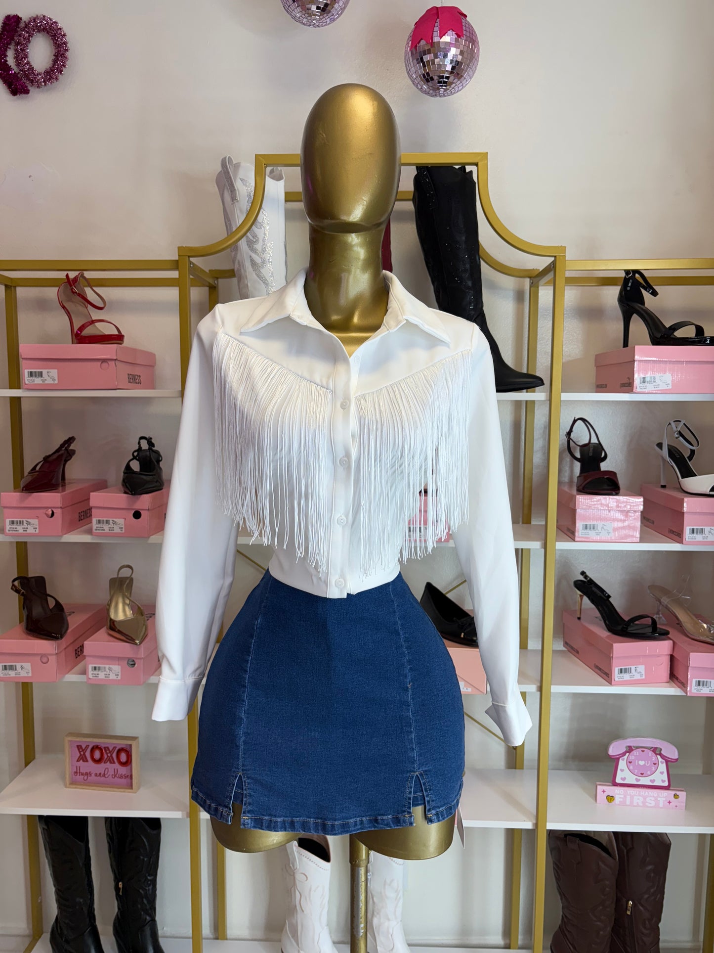 White Western Long Sleeve Fringe Top