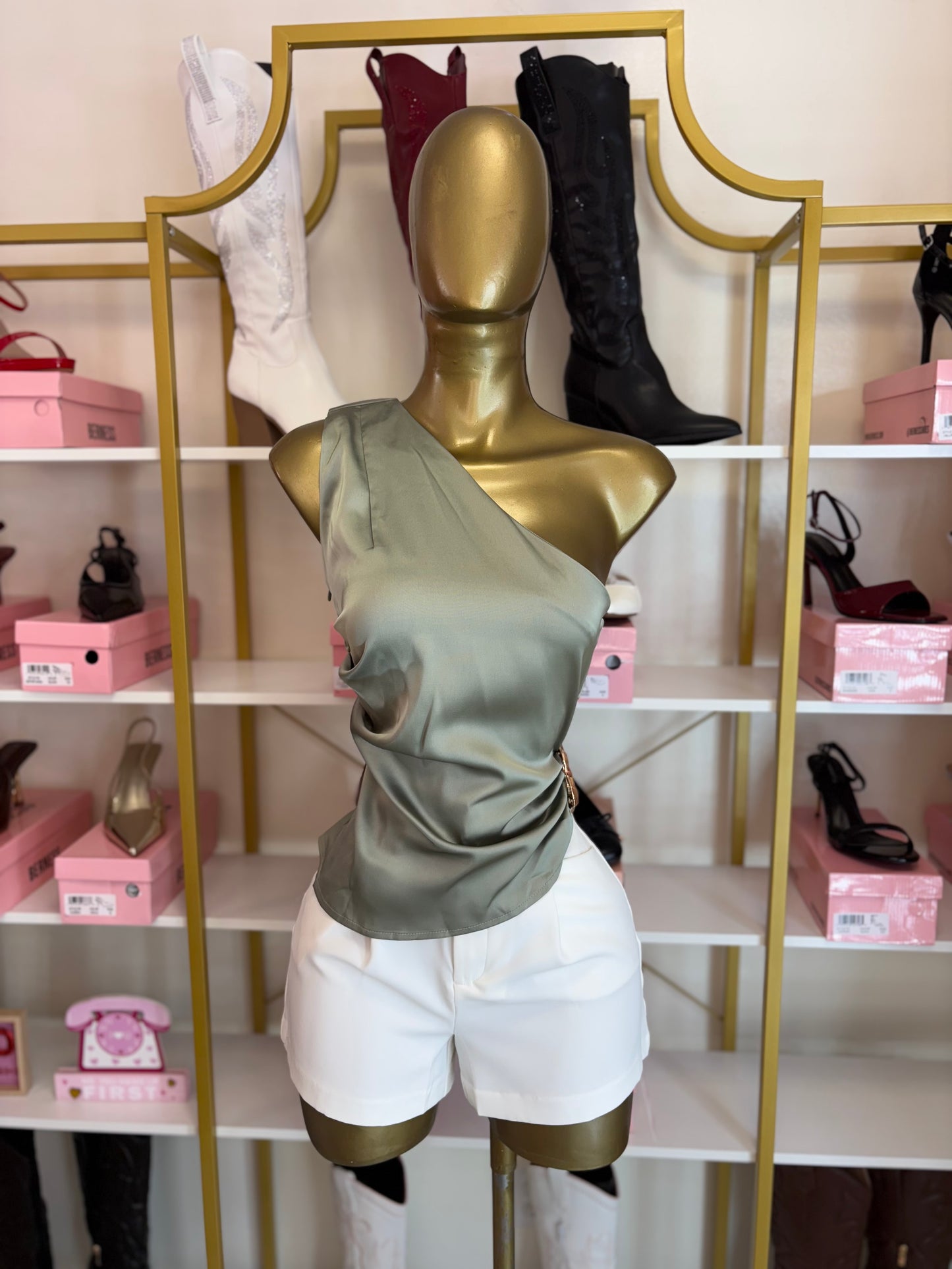 Golden Aura One-Shoulder Top – Sage
