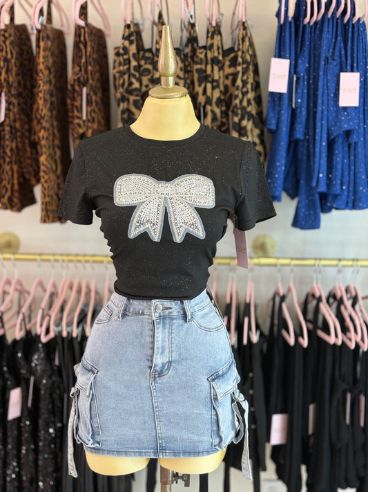 Black glitter bow tee
