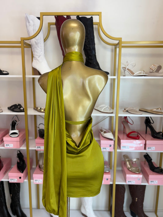 Satin Goddess Drape Dress - Olive