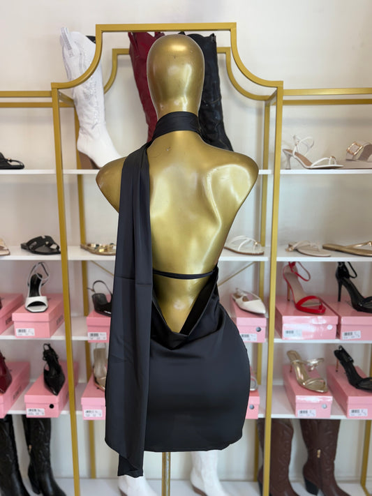 Satin Goddess Drape Dress - Black