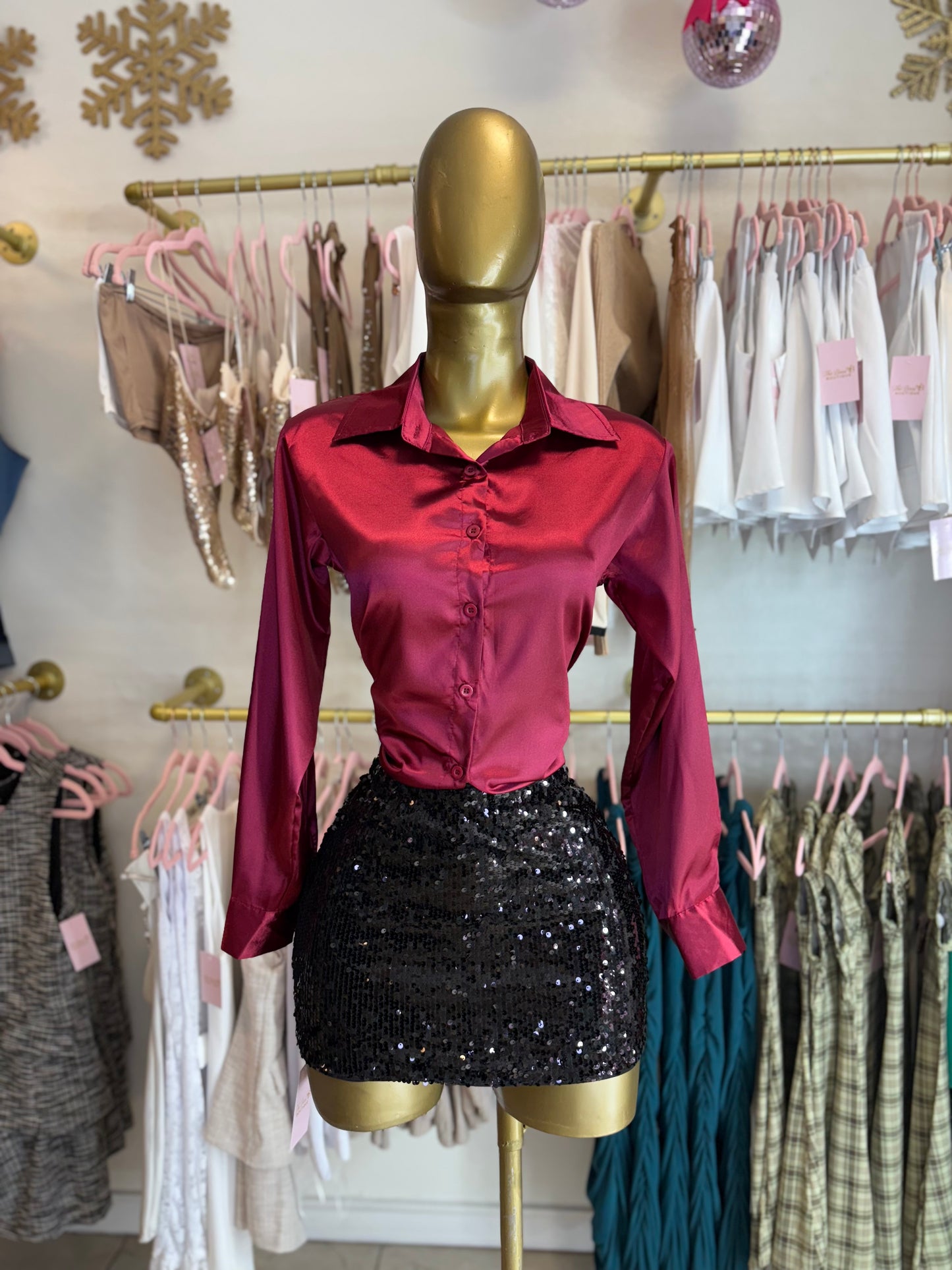 Burgundy satin button up