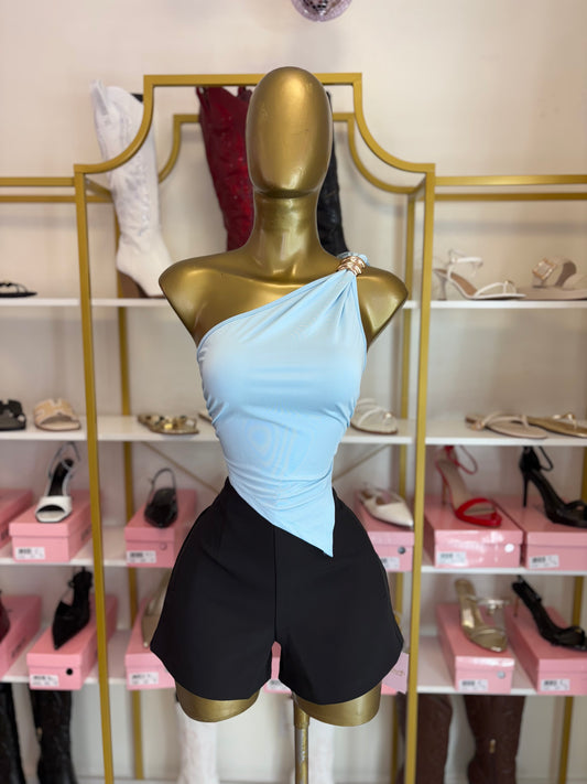Elegant Edge One Shoulder Top- Baby Blue