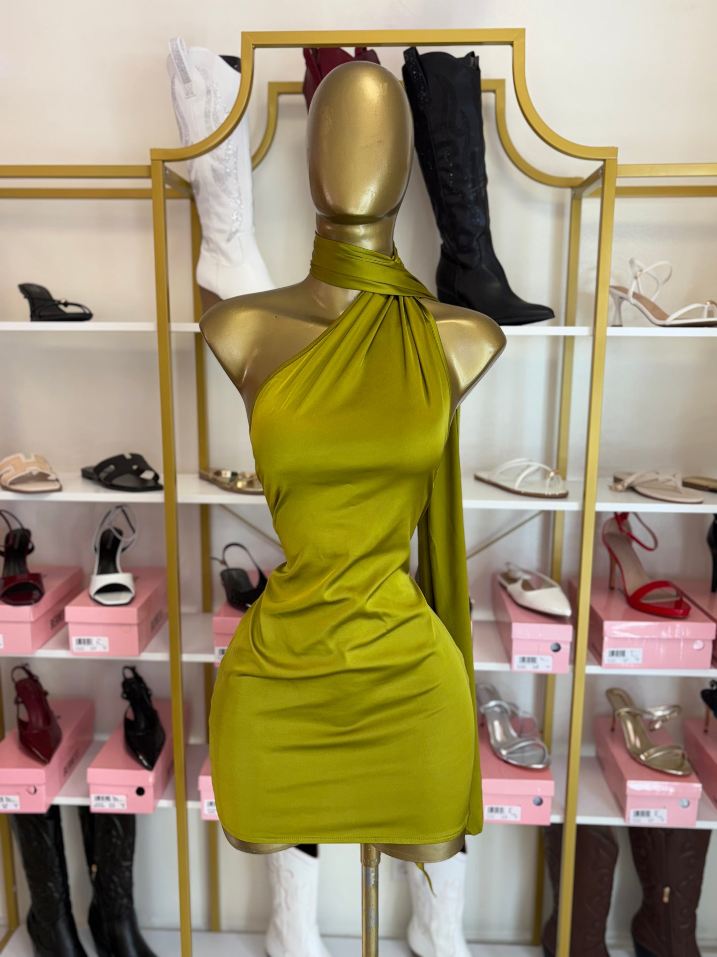 Satin Goddess Drape Dress - Olive