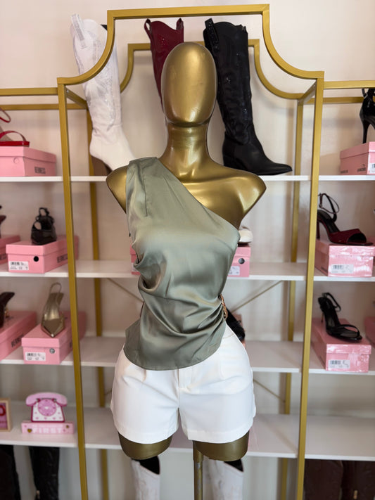 Golden Aura One-Shoulder Top – Sage