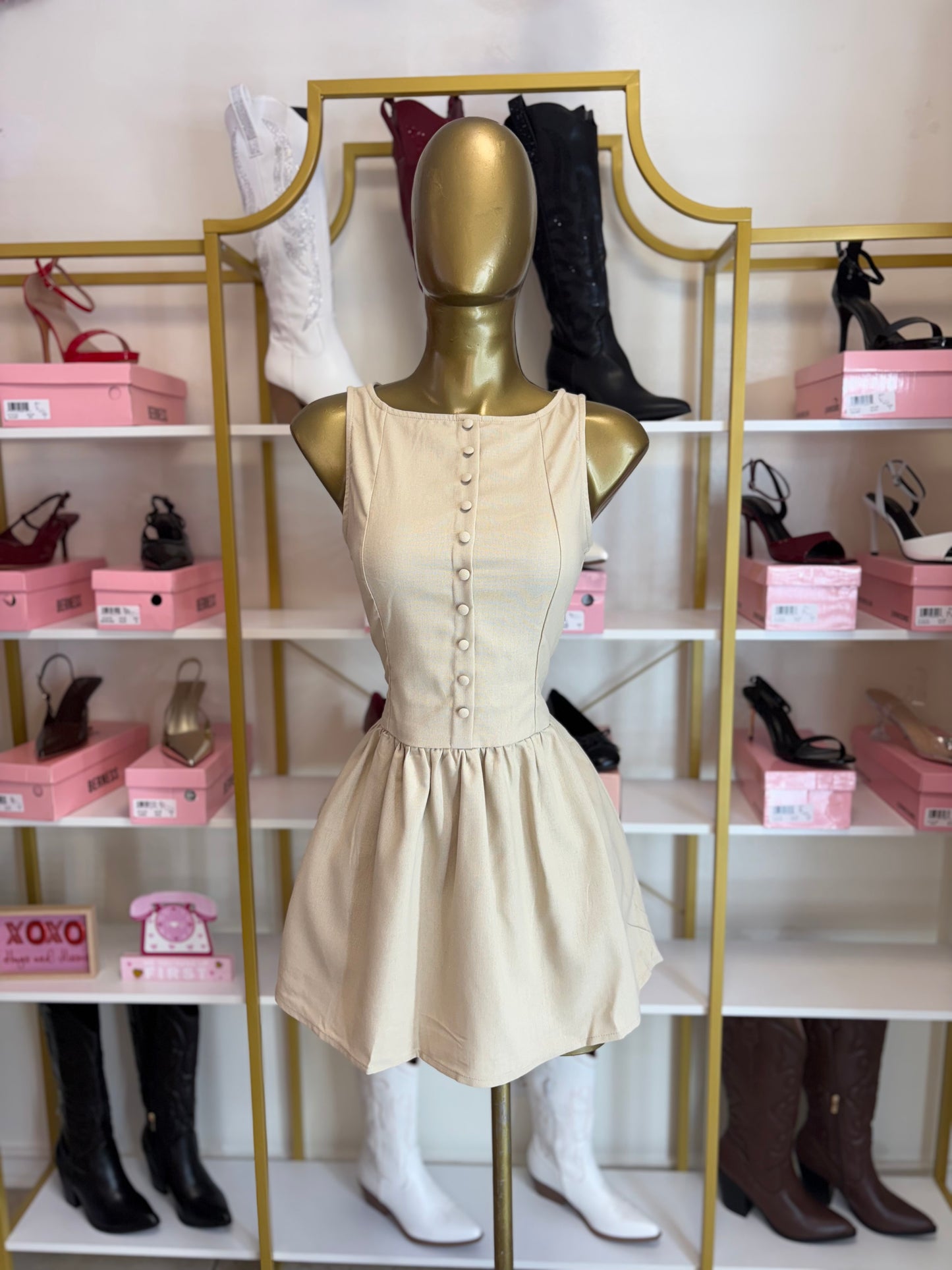 Darling Button Mini Dress - Sand