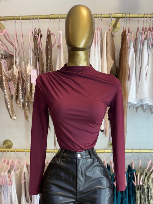 Burgundy Ruched Mock Neck