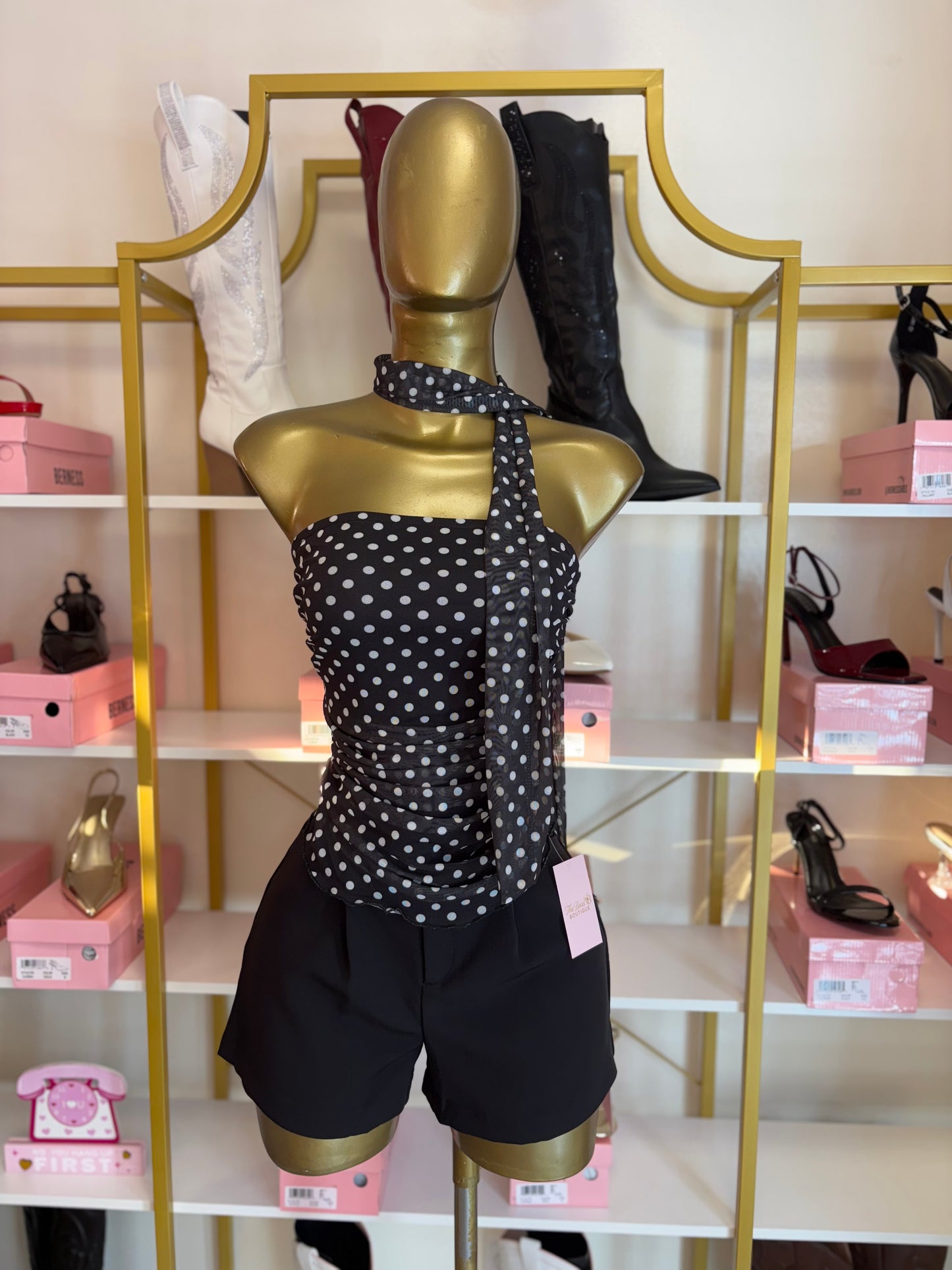 Chic Polka Scarf Top - Black