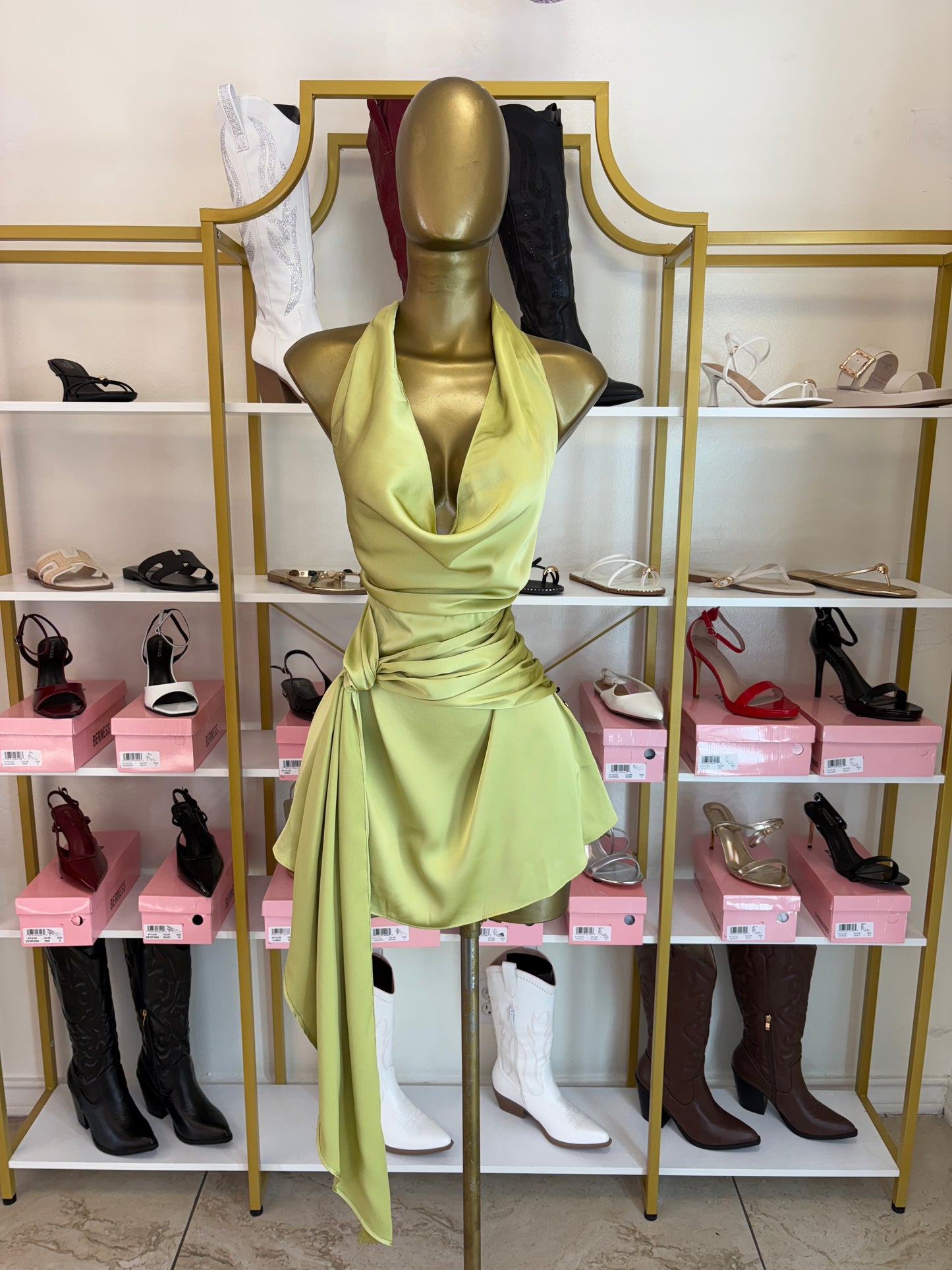 Satin Draped Mini Dress - Moss