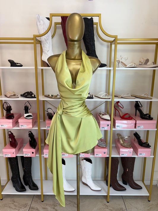 Satin Draped Mini Dress - Moss