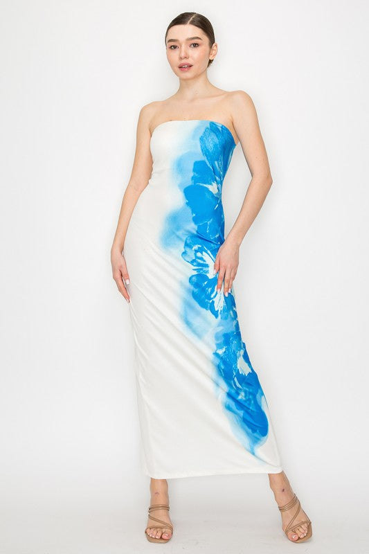 Blue floral bandeau midi dress
