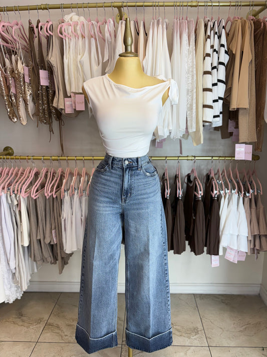 High rise wide leg washed jeans with folded cuff