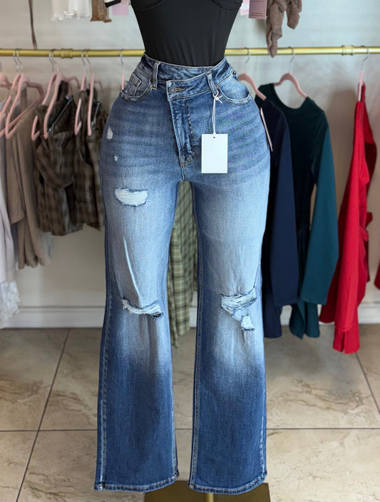 Distressed high rise jeans