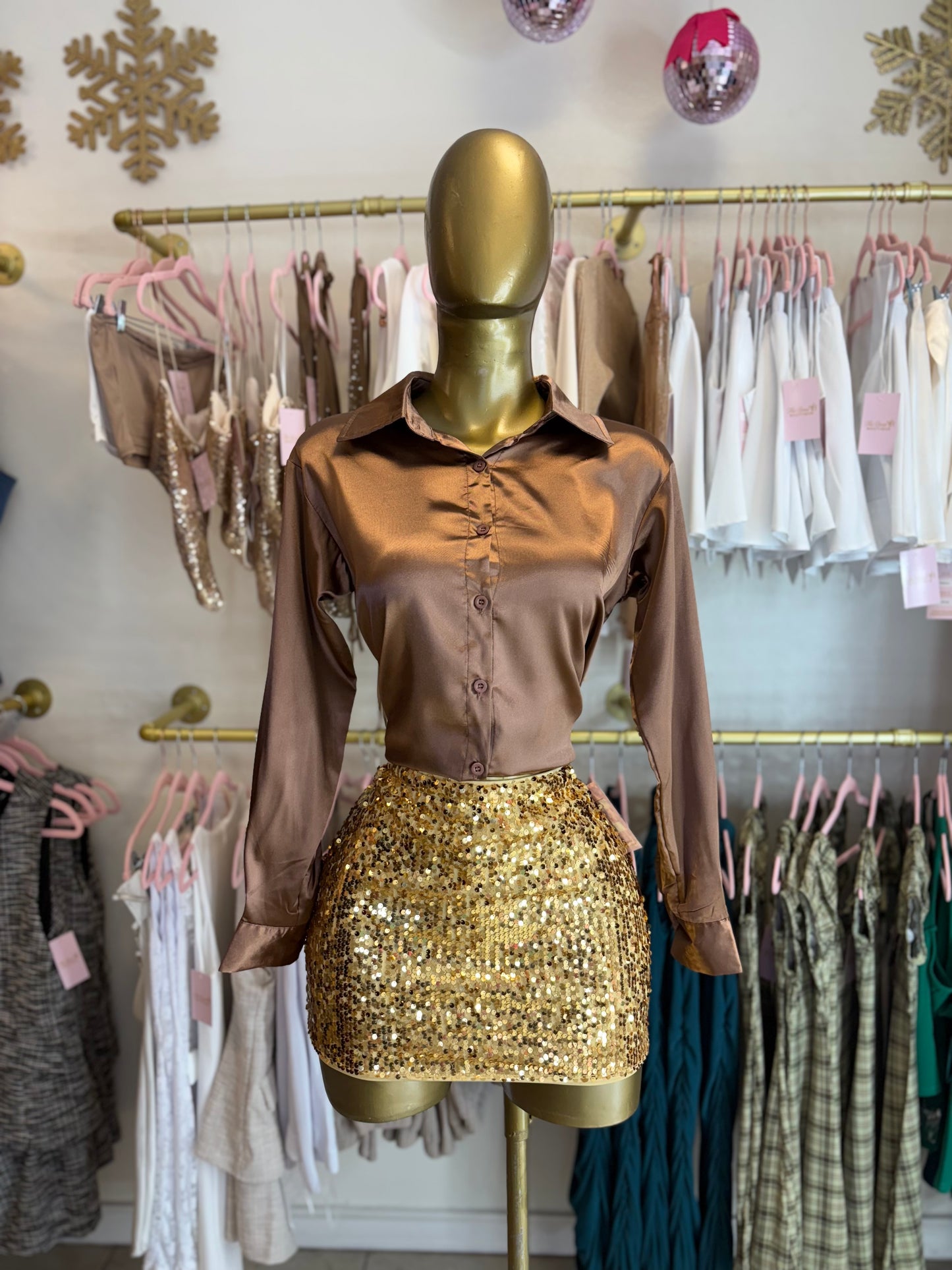 Brown satin button up