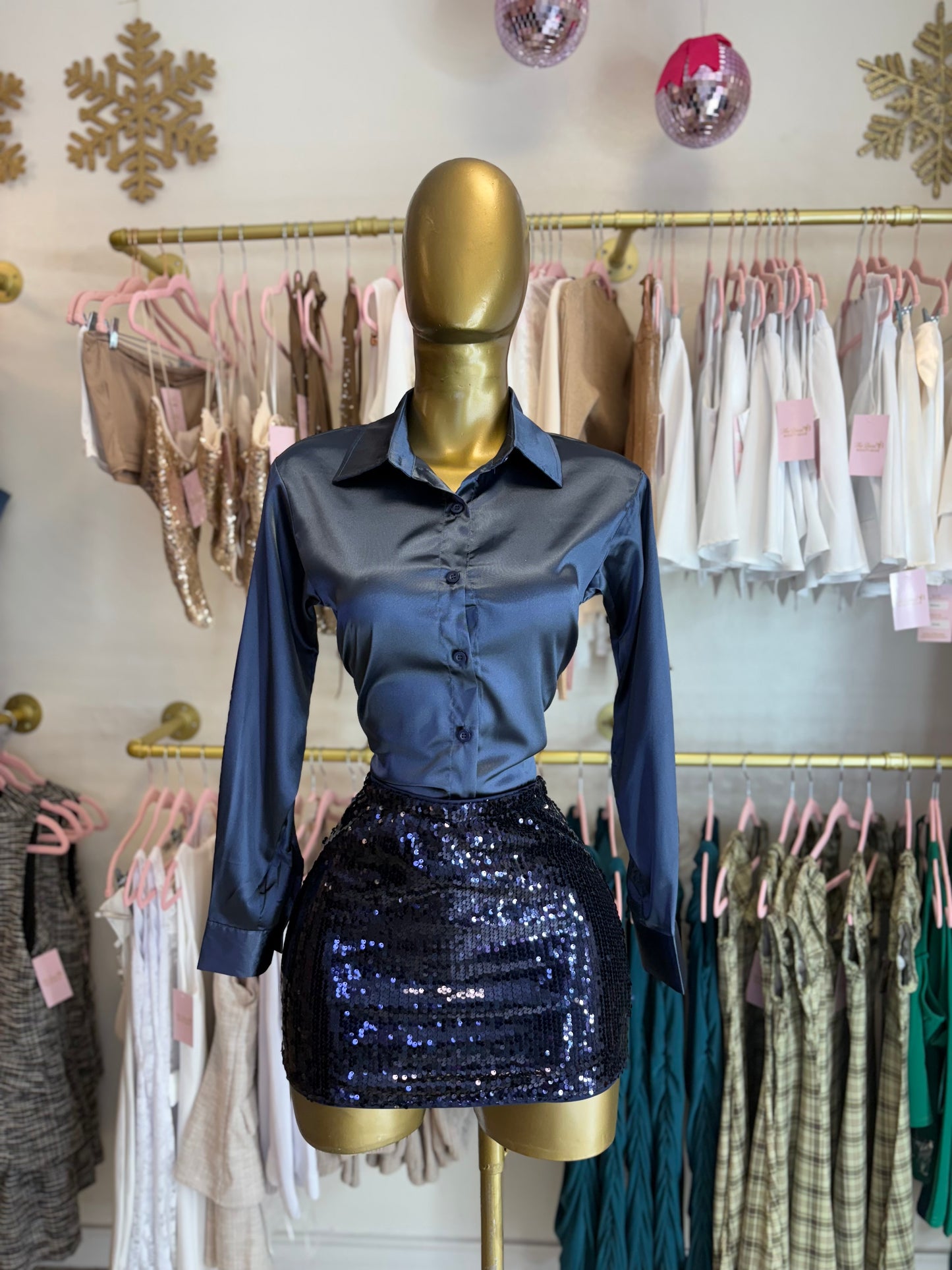 Navy satin button up