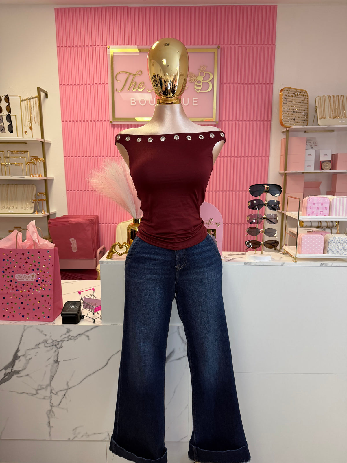 Off shoulder eyelet top