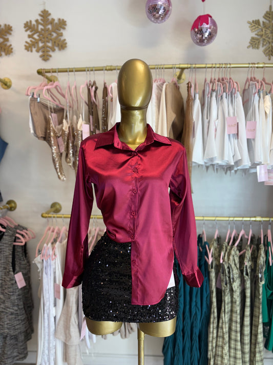 Burgundy satin button up