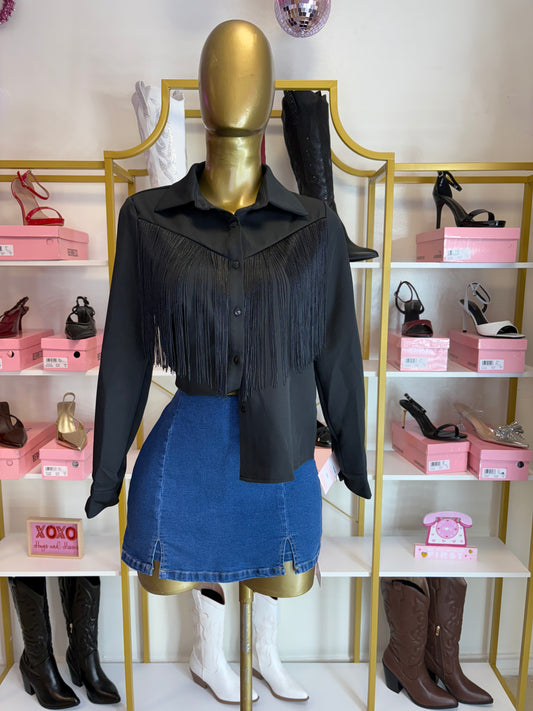 Black Western Long Sleeve Fringe Top