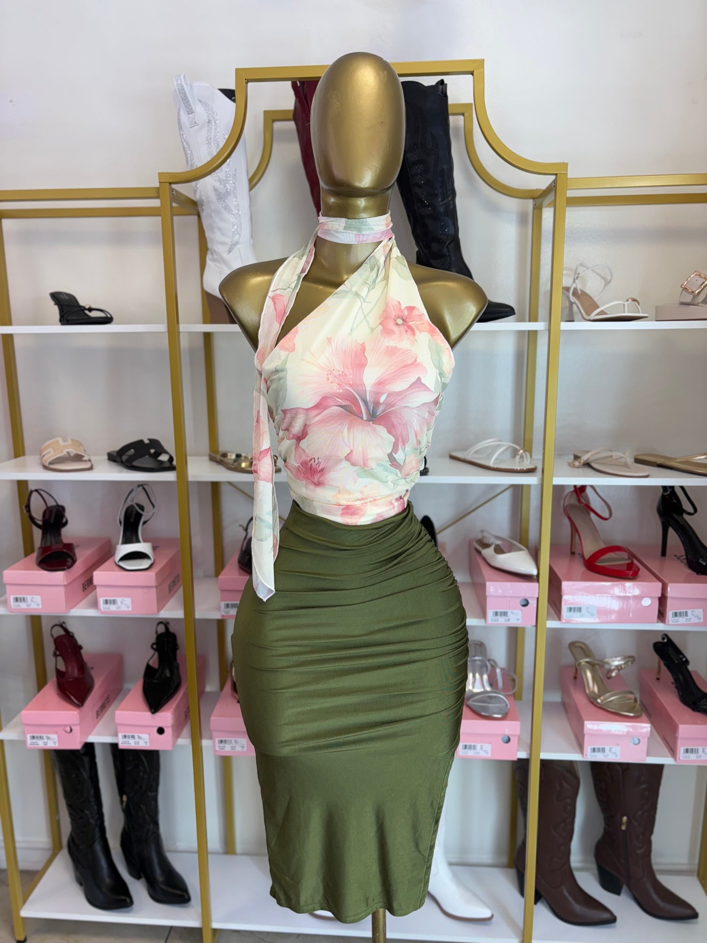 Olive Hour Ruched Midi Skirt