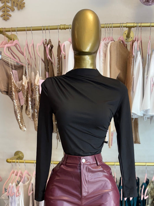 Black Ruched Mock Neck Top