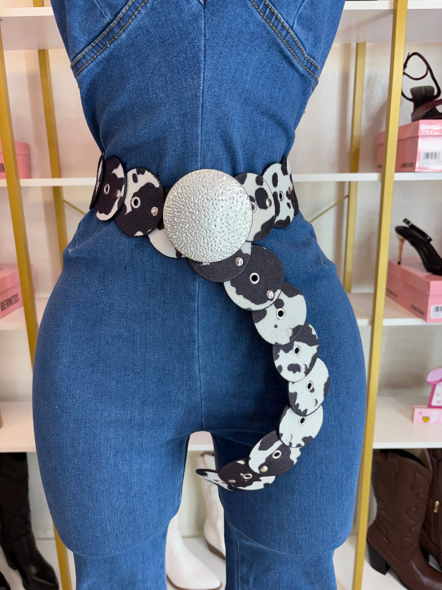 Black cow print belt