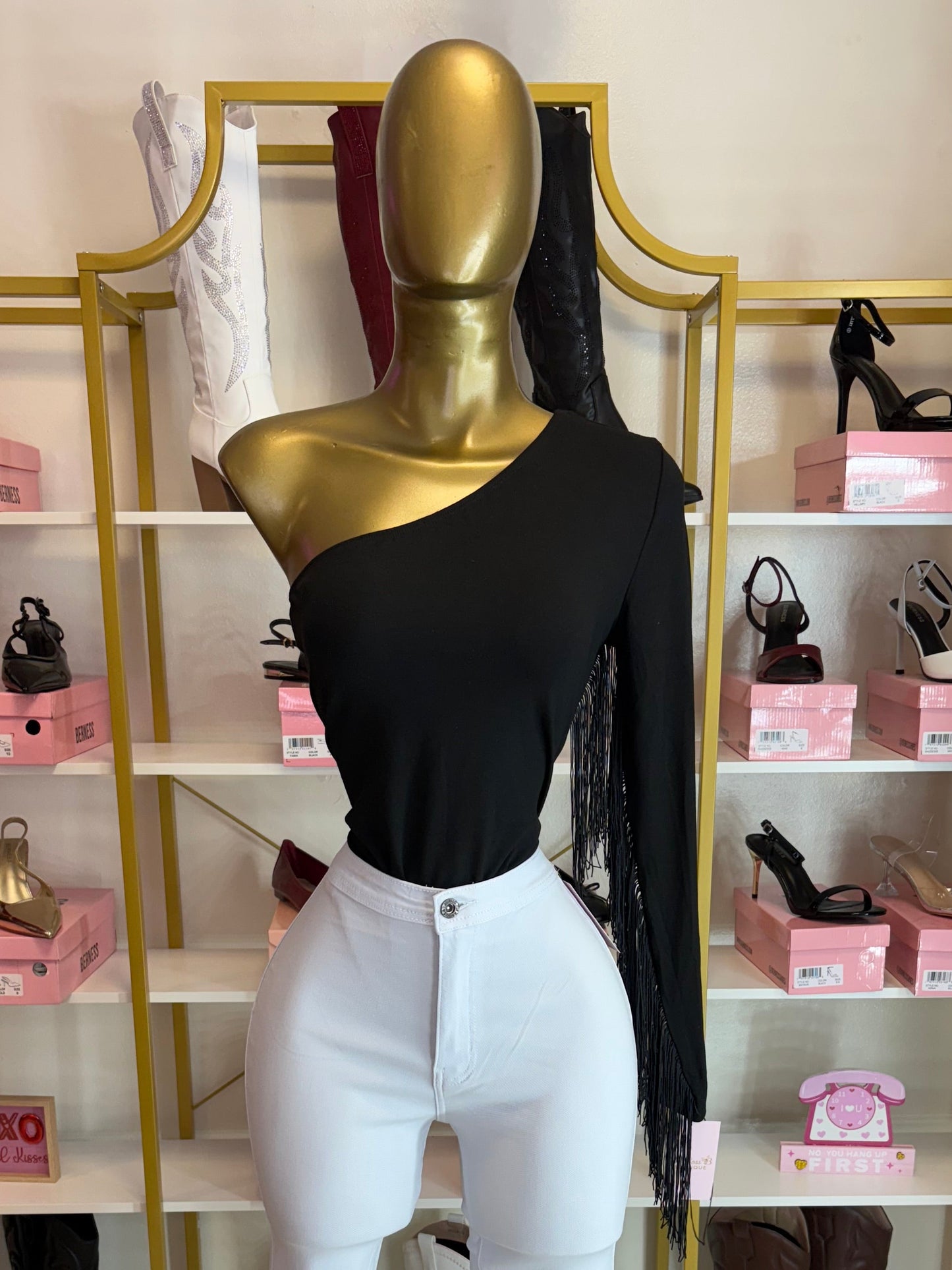 One shoulder fringe bodysuit