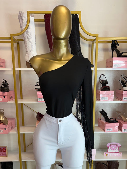 One shoulder fringe bodysuit