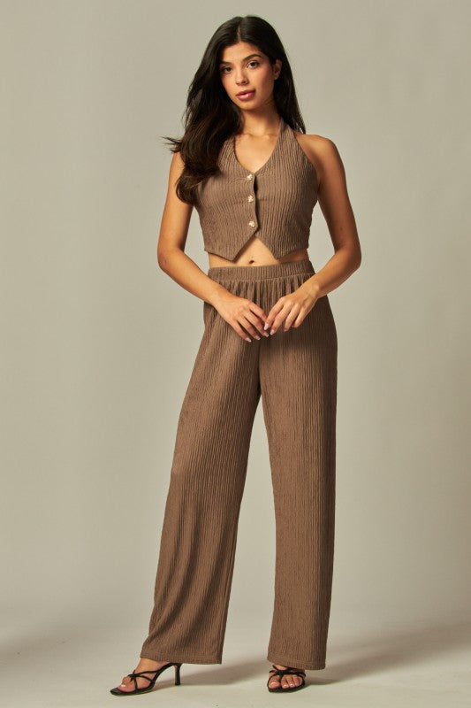 Crinkled khaki vest & pant set